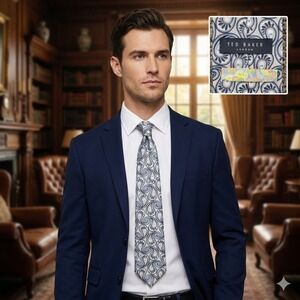 Ted Baker London Mens‎ Silk Tie Blue Navy Silver Paisley Swirl Made in USA